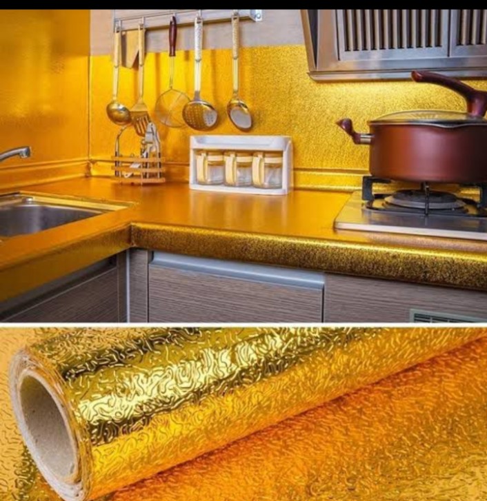 Golden kitchen foil sheet  Gold foil for kitchen  Aluminum foil kitchen sheet  Heat-resistant foil sheet  Self-adhesive foil sheet  Waterproof foil sheet  Oil-proof foil sheet  Decorative foil sheet  Multipurpose foil sheet  Golden foil roll (60×200cm)